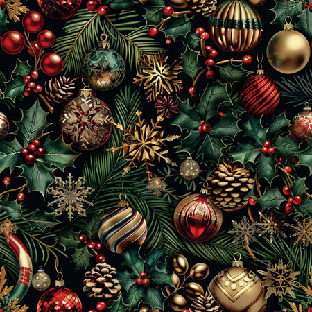 Seamless pattern with Christmas baubles and fir branches.の素材