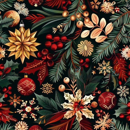 Seamless Christmas pattern with poinsettia and holly berries.の素材