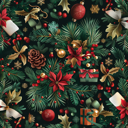 Seamless Christmas pattern with fir branches, holly berries, poinsettia and gift boxes.の素材