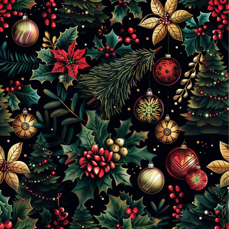 Christmas seamless pattern with holly, poinsettia, mistletoe, pine cones and berries.の素材
