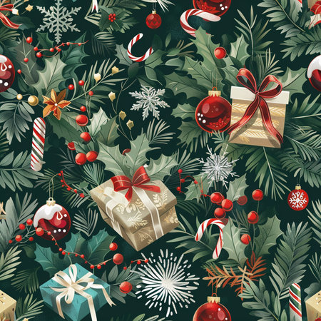 Seamless Christmas pattern with fir branches, candy canes, holly berries, gift boxes and christmas ornaments.の素材