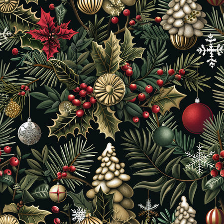 Seamless pattern with christmas tree, holly, mistletoe, pine cones and berries on black background.の素材
