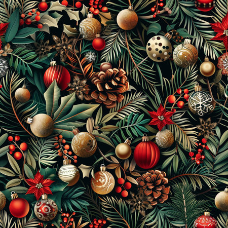 Seamless Christmas pattern with fir branches, pine cones, baubles and holly berriesの素材