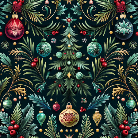 Seamless pattern with Christmas tree and holly berry. Vector illustration.の素材