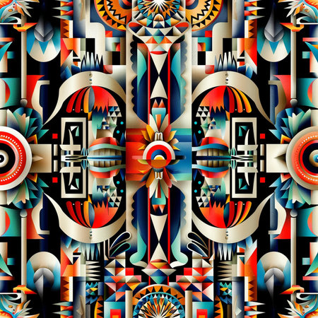 Seamless pattern. Ethnic geometric patterned background. Abstract overlapping shapes.の素材