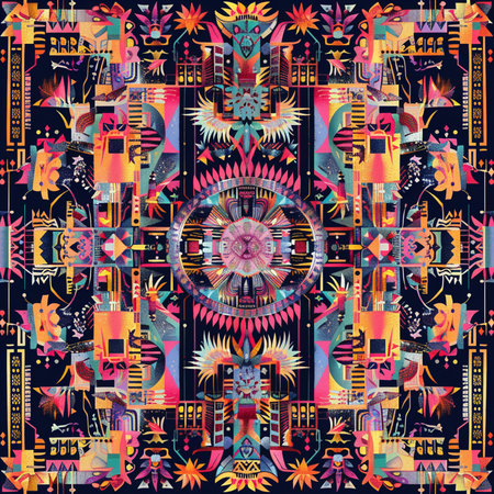 Ethnic boho seamless pattern. Tribal motifs. Embroidery on fabric. Patchwork texture. Weaving. Textile report.の素材