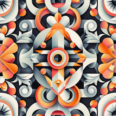 3d render, abstract geometric seamless pattern, ornamental vintage backgroundの素材