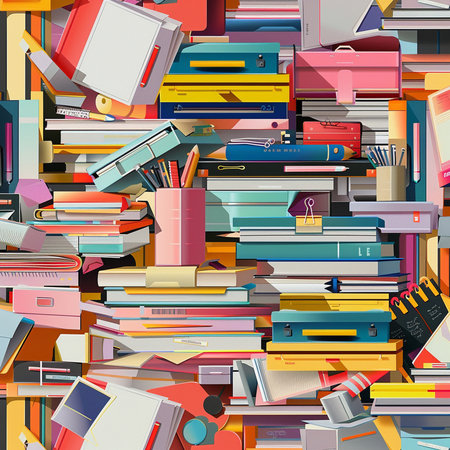 Seamless pattern with books and school supplies. Vector illustration.の素材