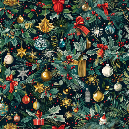Seamless pattern with Christmas ornaments on dark green backgroundの素材