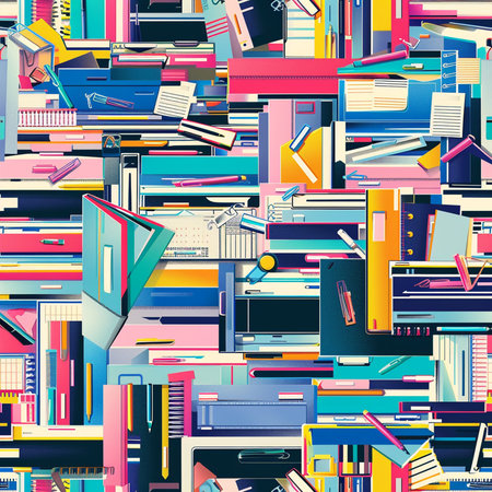 Seamless pattern with books and office supplies. Vector illustration.の素材
