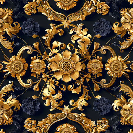 Vintage baroque floral seamless pattern in gold and black colorsの素材