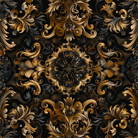 Damask seamless pattern. Vector illustration with gold and black elements.の素材