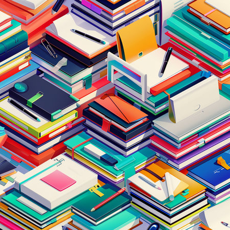 Seamless pattern with books and notebooks. Vector illustration in retro style.の素材