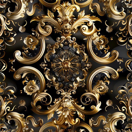 Seamless pattern on black background with golden elements. 3D illustrations.の素材