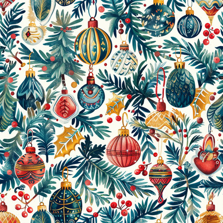 Seamless pattern with watercolor christmas balls and fir branches.の素材