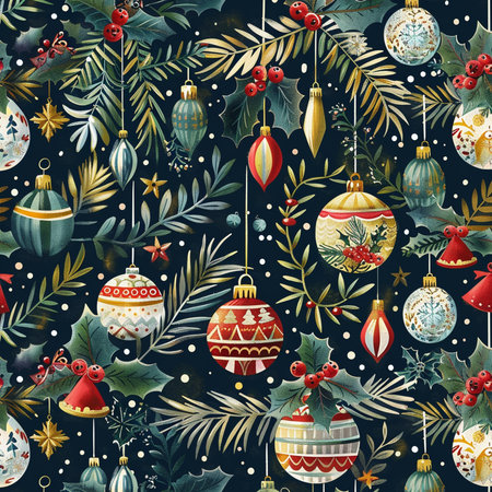 Seamless pattern with Christmas balls and fir branches on dark blue backgroundの素材