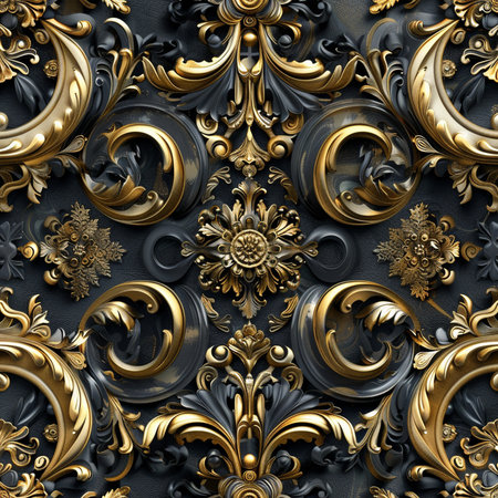 3D render of seamless metallic background with embossed abstract ornament pattern on leatherの素材