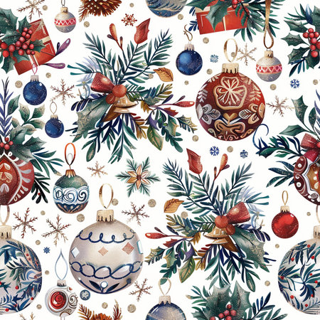Watercolor Christmas seamless pattern with baubles, fir branches, pine cones and snowflakes.の素材
