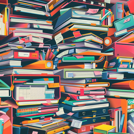 Vector seamless pattern with books and folders. Background with bookshelf.の素材