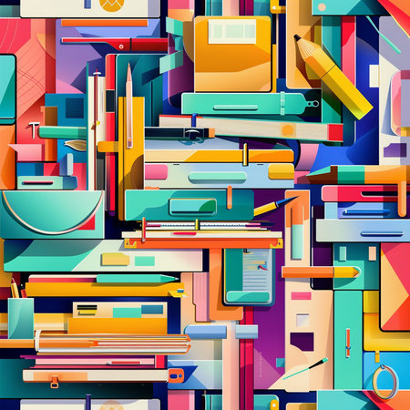 Seamless pattern with school supplies. Vector illustration. Eps 10の素材