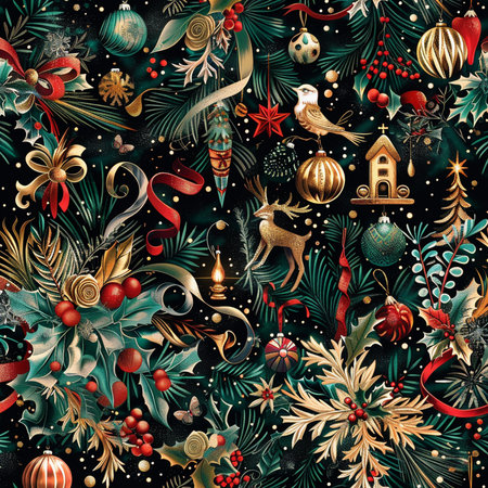 Seamless Christmas pattern with fir branches, baubles, snowflakes, poinsettia, christmas tree.の素材