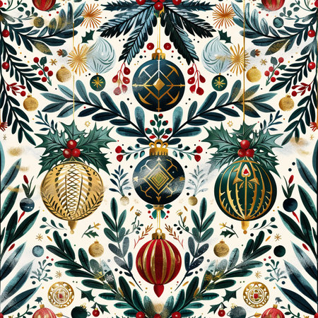 Watercolor Christmas seamless pattern with hand drawn decorative balls and fir branches.の素材