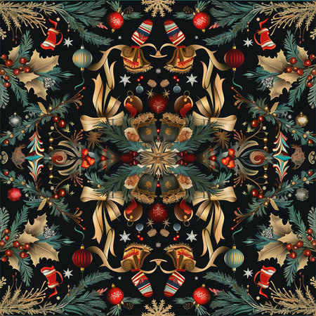 Seamless Christmas pattern with fir branches, berries, bells, snowflakes and ornaments.の素材