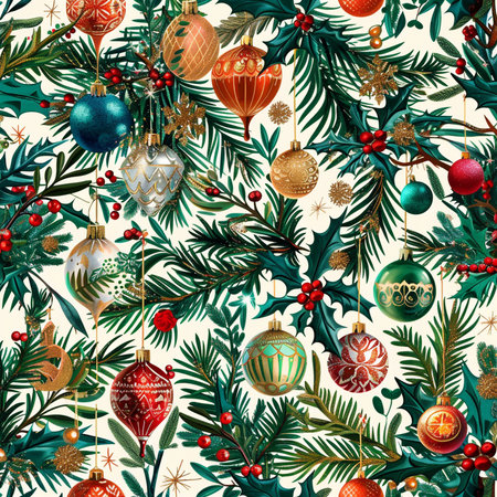 Seamless pattern with Christmas tree branches, baubles and holly berries.の素材