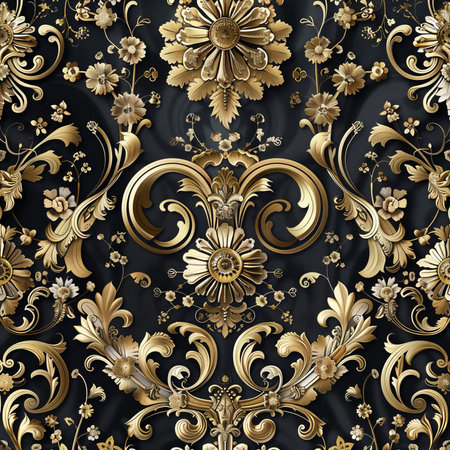 Seamless damask pattern. Vector illustration. Black and gold.の素材