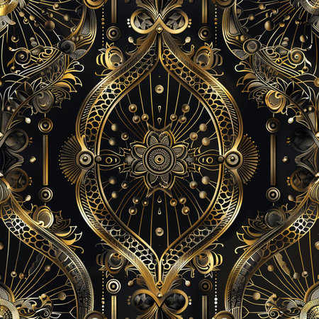 Luxury seamless pattern with gold elements on a black background.の素材