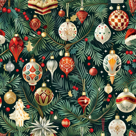 Seamless pattern with christmas tree branches and ornamentsの素材