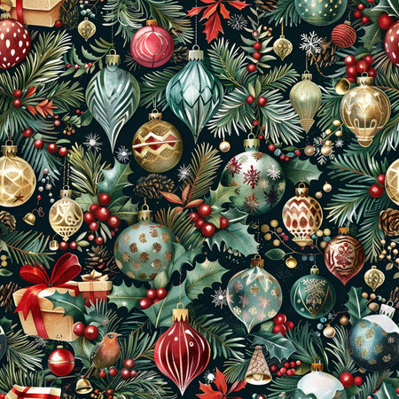 Seamless pattern with watercolor christmas decorations. Hand painted illustrationの素材