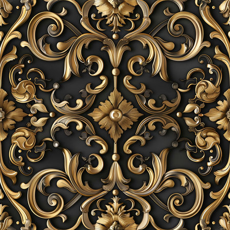 Seamless pattern with gold ornament on a black background. Vector illustration.の素材