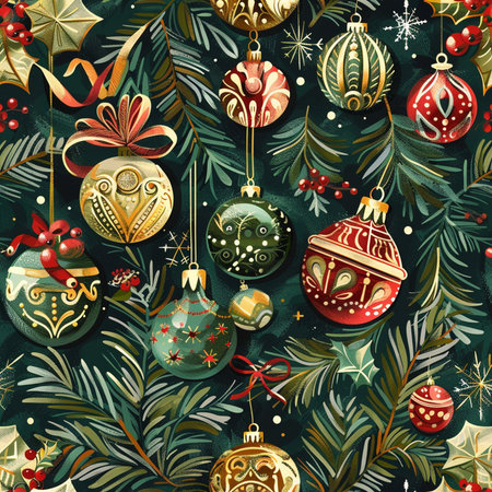 Seamless pattern with christmas balls and fir branches. Vector illustration.の素材
