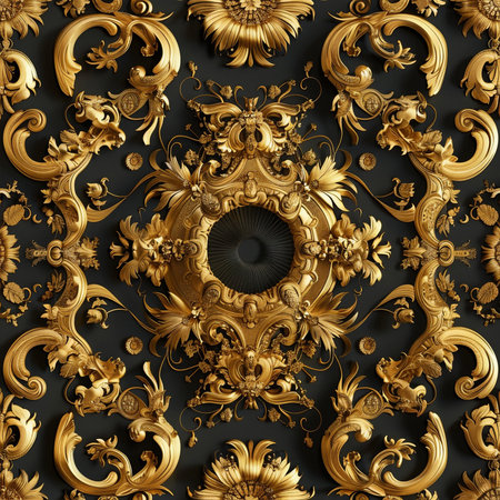 3D render of vintage baroque ornament in black and goldの素材