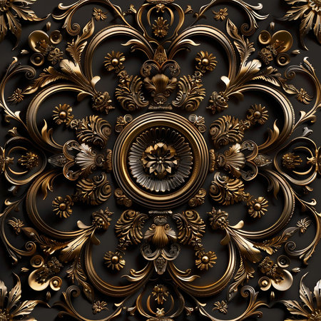 3D render of abstract metal background with embossed floral ornamentの素材