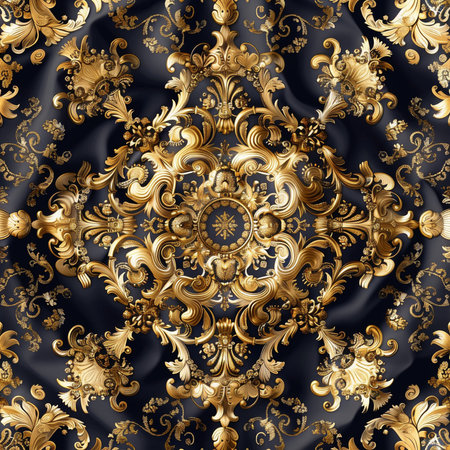 Seamless vintage pattern on a black background with golden elements.の素材