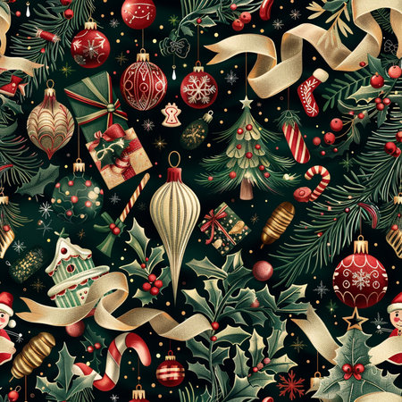 Seamless pattern with christmas tree, baubles and ornaments. Vector illustration.の素材