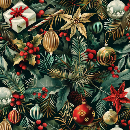 Seamless pattern with Christmas ornaments and fir branches.の素材
