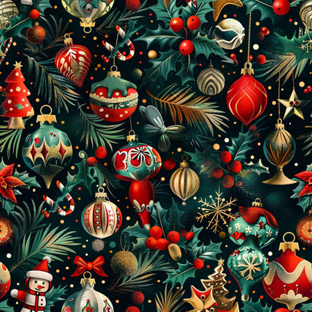 Seamless pattern with Christmas ornaments on a dark background.の素材