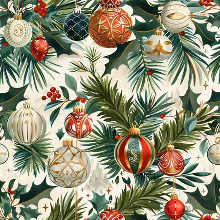 Seamless Christmas pattern with Christmas balls and fir branches. Vector illustration.の素材