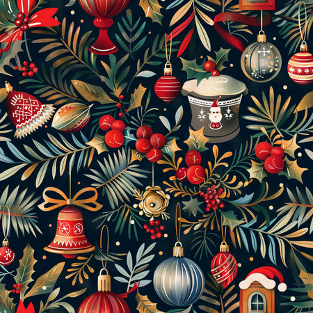 Seamless pattern with christmas tree branches, bell and berries.の素材