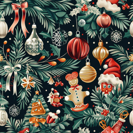 Seamless pattern with christmas ornaments and fir branchesの素材