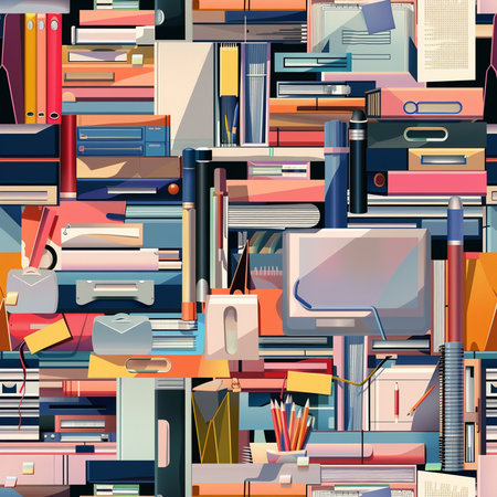 Seamless pattern with books and office equipment. Vector illustration.の素材