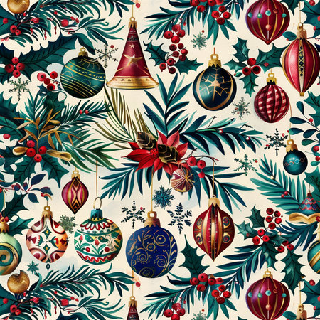 Seamless Christmas pattern with baubles and fir tree branches.の素材
