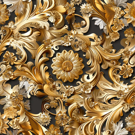 Seamless floral pattern with gold elements. 3D illustrations.の素材