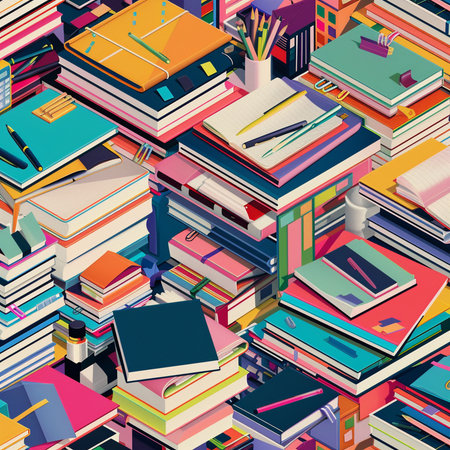 Seamless pattern with books and stationery. Vector illustration.の素材