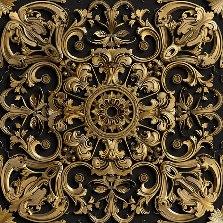Seamless pattern with gold ornament on black background. 3D renderingの素材