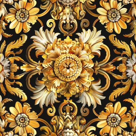 Seamless floral pattern with golden flowers and leaves on black backgroundの素材