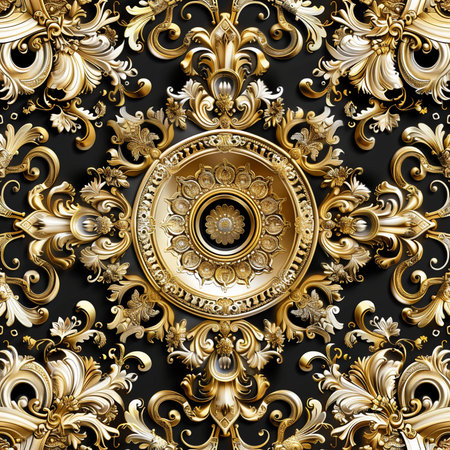 Seamless pattern with gold ornament on black background. 3D illustrations.の素材